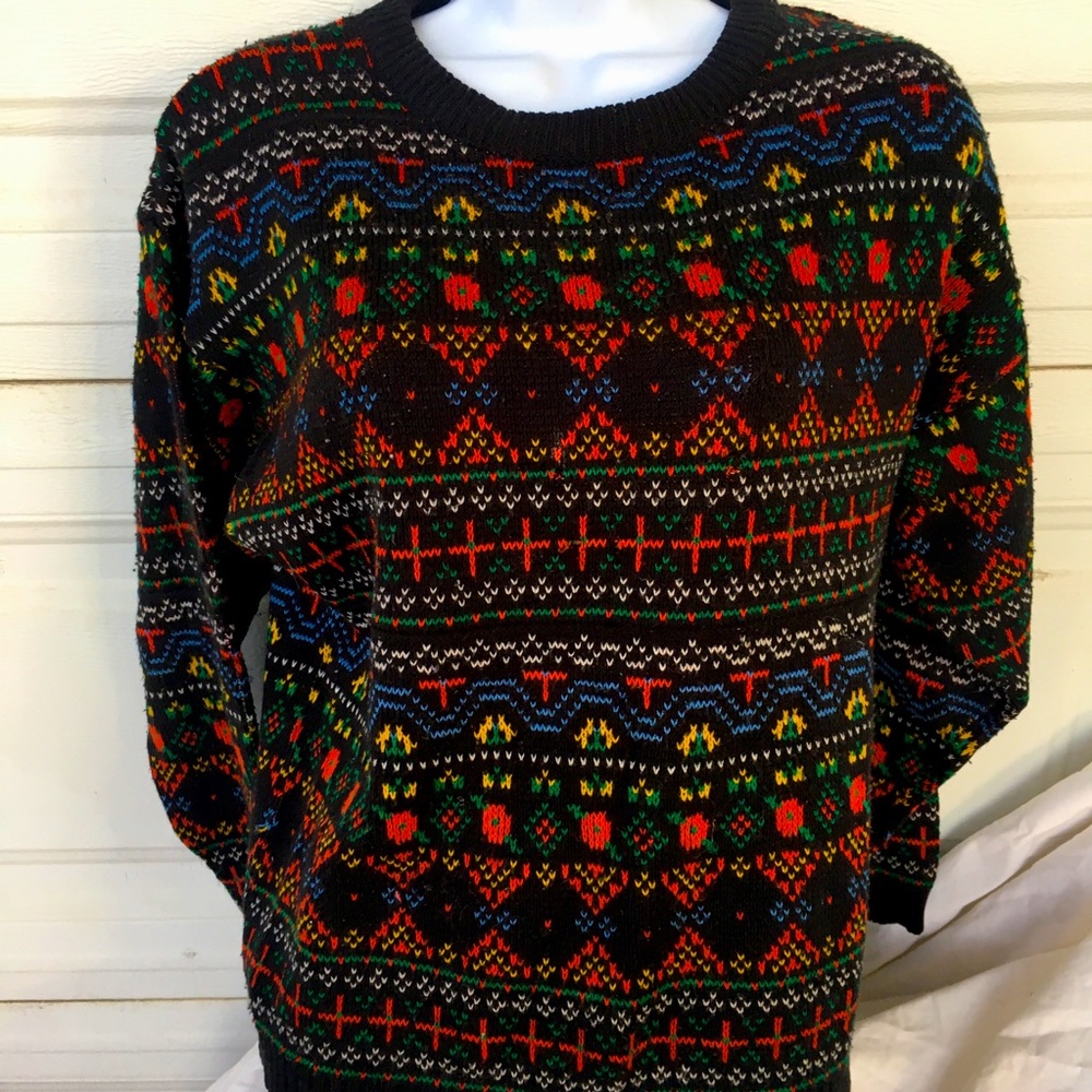 Black, red and yellow wool winter ski sweater